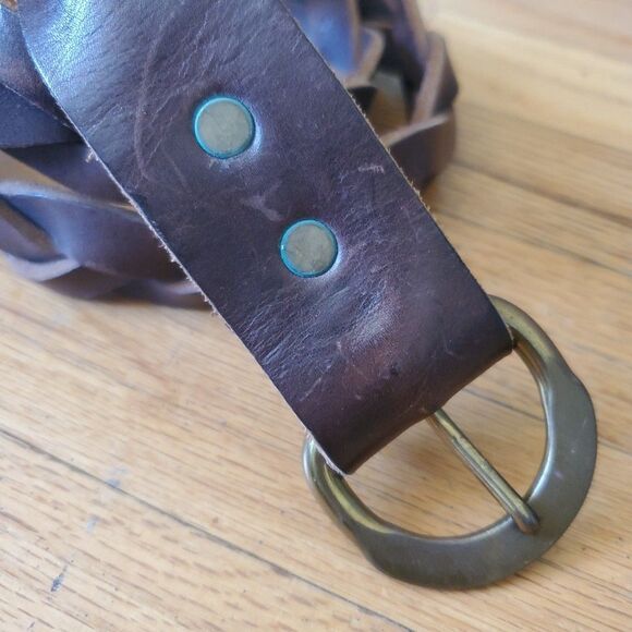 Braided Genuine Leather Belt Brown Brass Buckle Adjustable Boho Hippie Western - Picture 4 of 12
